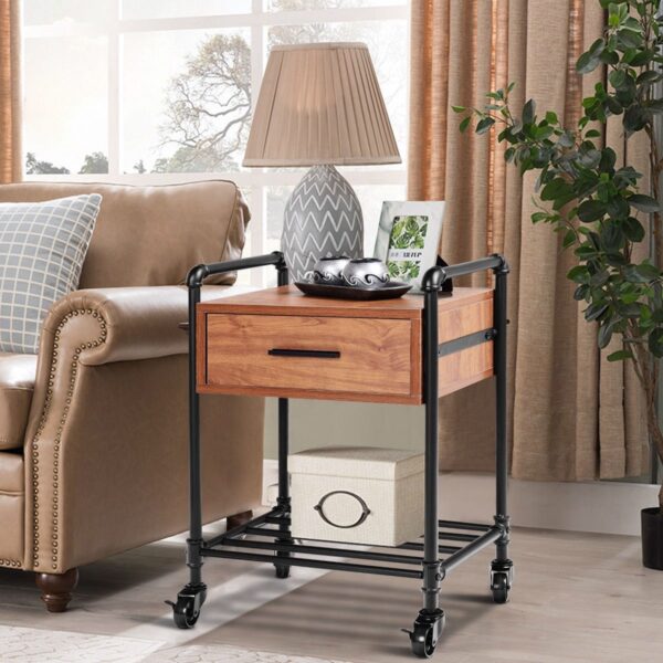 Heavy Duty Steel Frame 1-Drawer End Table Nightstand Side Table on Wheels - Image 2