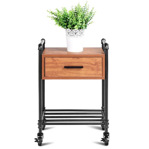 Heavy Duty Steel Frame 1-Drawer End Table Nightstand Side Table on Wheels - Image 5