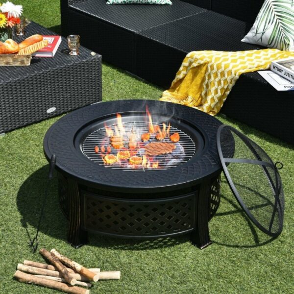 Rustic Steel Outdoor Fire Pit with BBQ Grill with Poker and Mesh Cover - Image 2