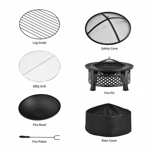 Rustic Steel Outdoor Fire Pit with BBQ Grill with Poker and Mesh Cover - Image 3