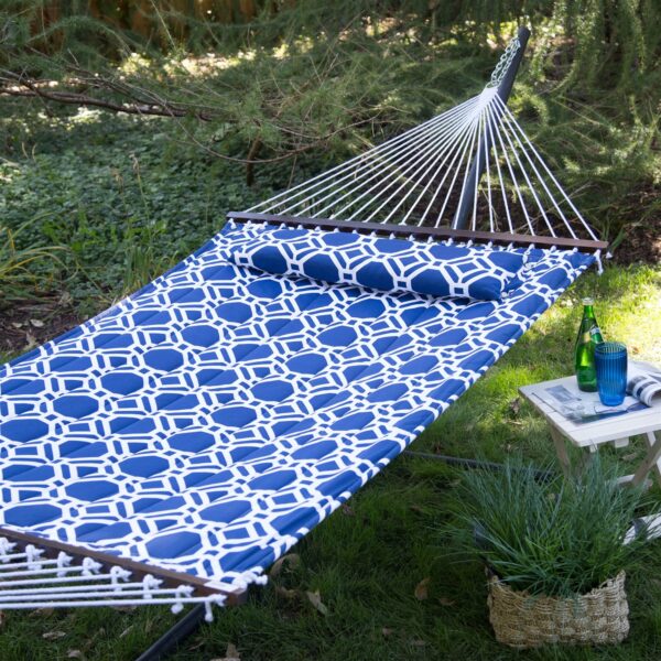 Blue White Quilted Hammock with 13-ft Heavy Duty Black Metal Stand - Image 3