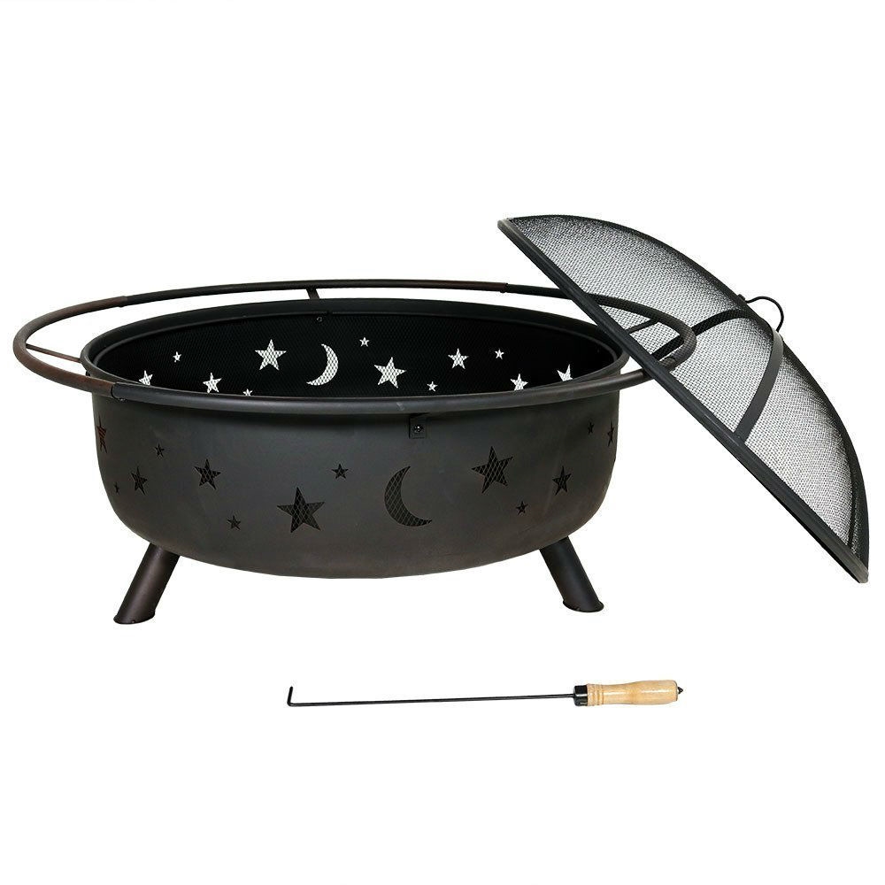Heavy Duty Black Steel Fire Pit with Cooking Grill and Screen - Image 3