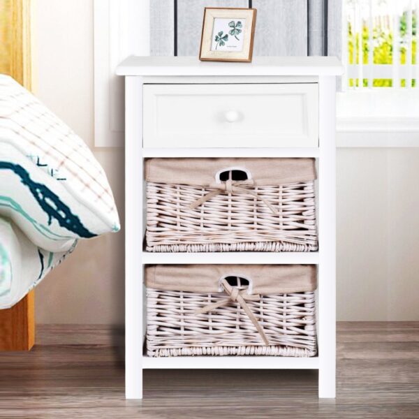 White Wooden 1-Drawer End Table Nightstand with 2 Baskets - Image 2