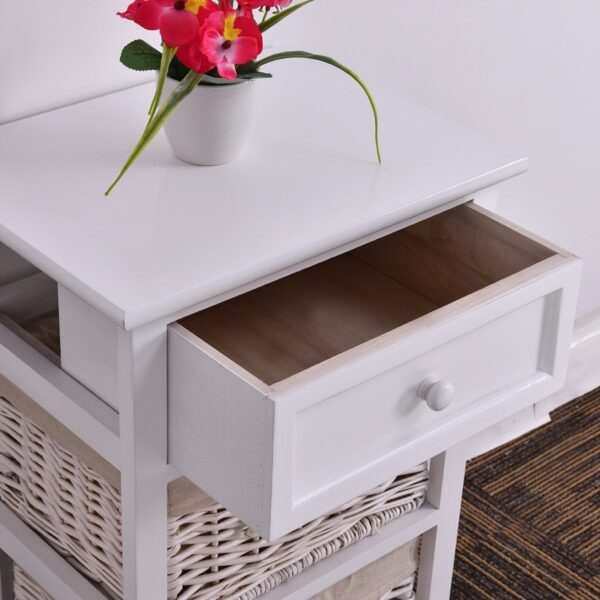 White Wooden 1-Drawer End Table Nightstand with 2 Baskets - Image 4