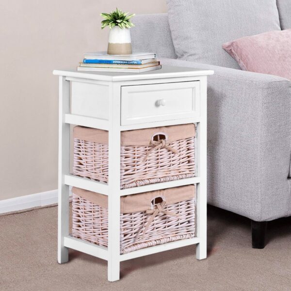 White Wooden 1-Drawer End Table Nightstand with 2 Baskets - Image 5