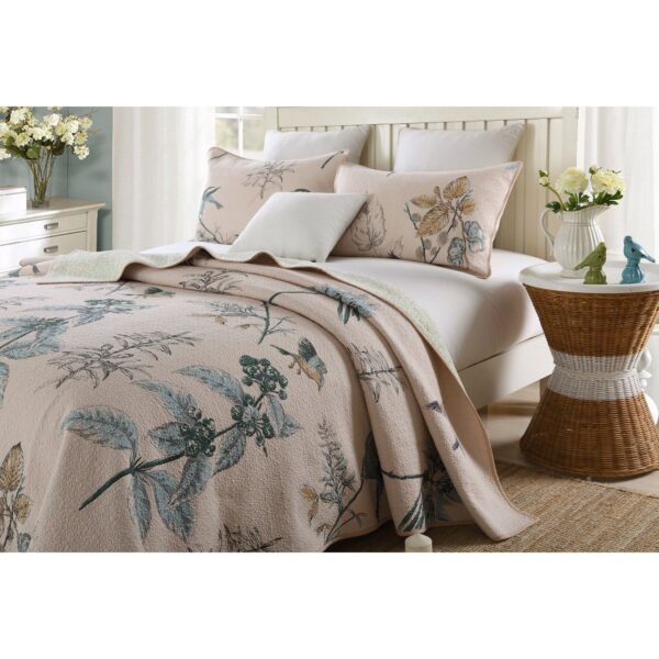 Full size 3-Piece 100-Percent Cotton Quilt Bedspread Set with Floral Birds Pattern - Image 2
