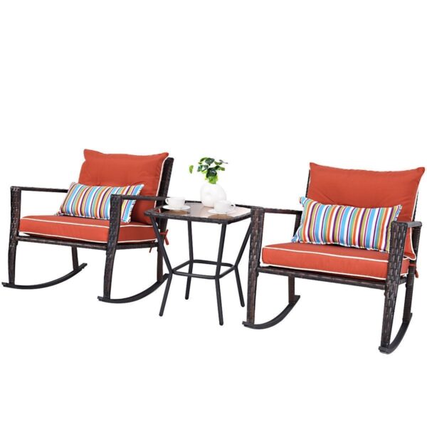 Outdoor 3-Piece Rattan Rocking Chairs and Table Set with Red Cushions - Image 2