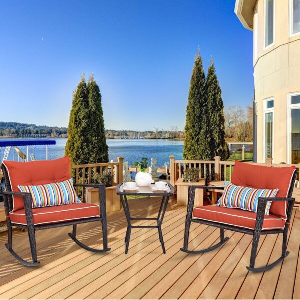 Outdoor 3-Piece Rattan Rocking Chairs and Table Set with Red Cushions - Image 3