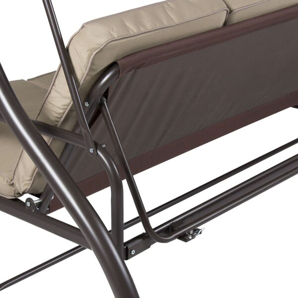 Tan 3-Seat Outdoor Porch Deck Patio Canopy Swing with Cushions - Image 3