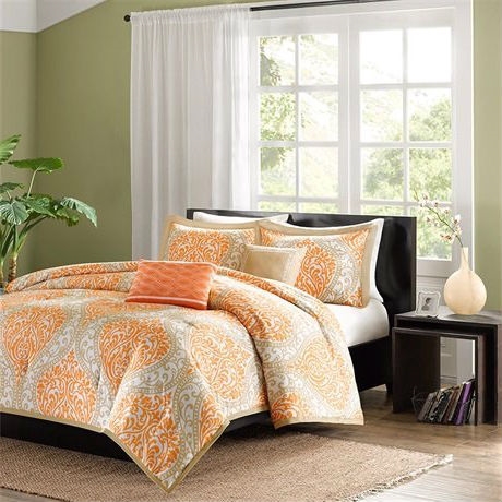 Twin size 4-Piece Orange White Damask Print Comforter Set - Image 2