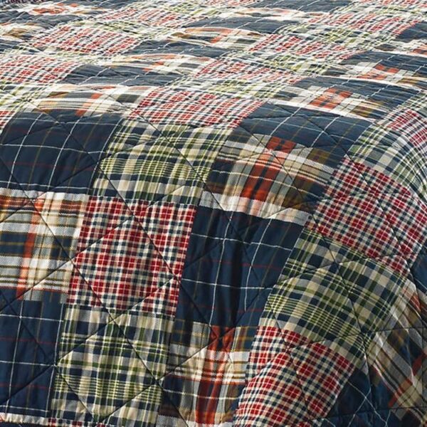 Twin size Farmhouse Red Navy Plaid 100-Percent Cotton Reversible Quilt Set - Image 2