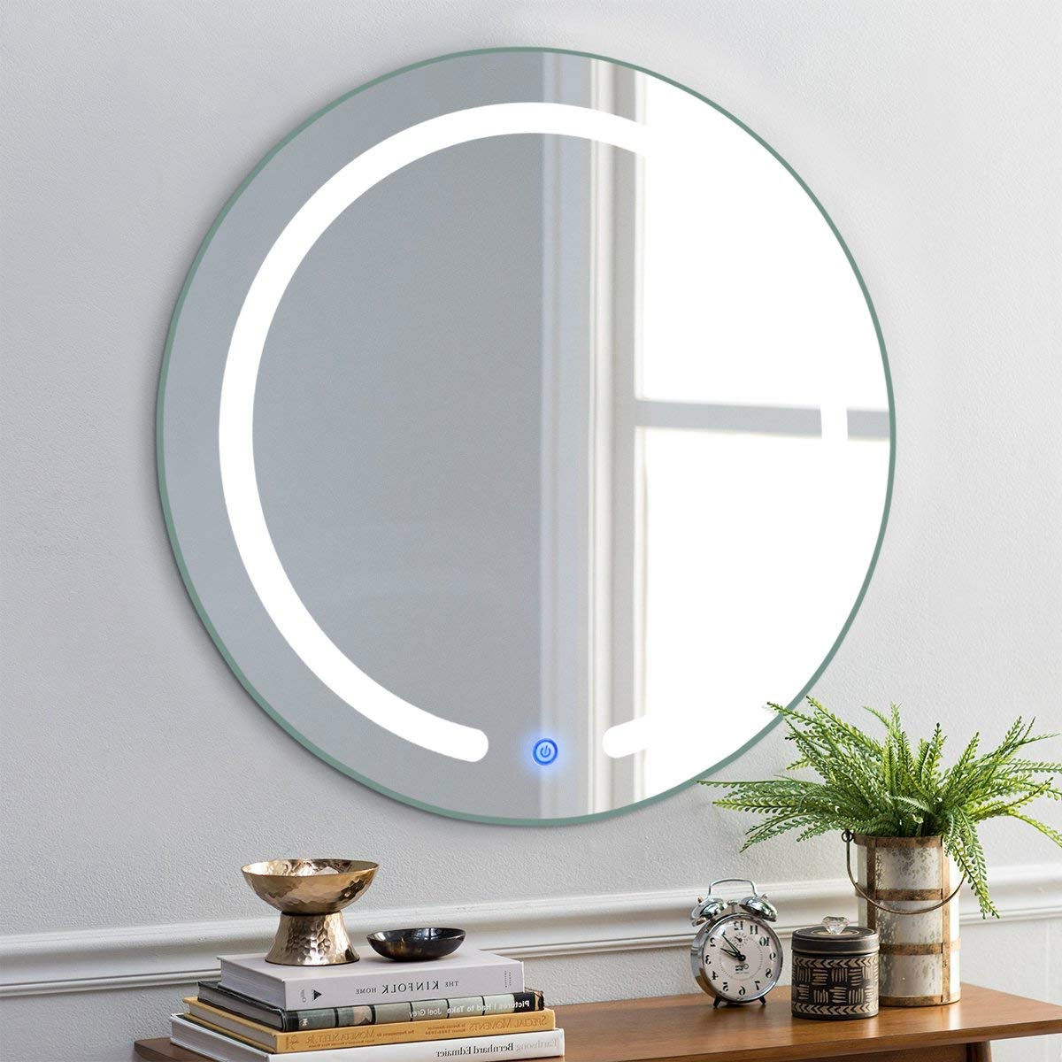 Modern 20-inch Round Bathroom Wall Mirror with Touch Button LED Light - Image 2