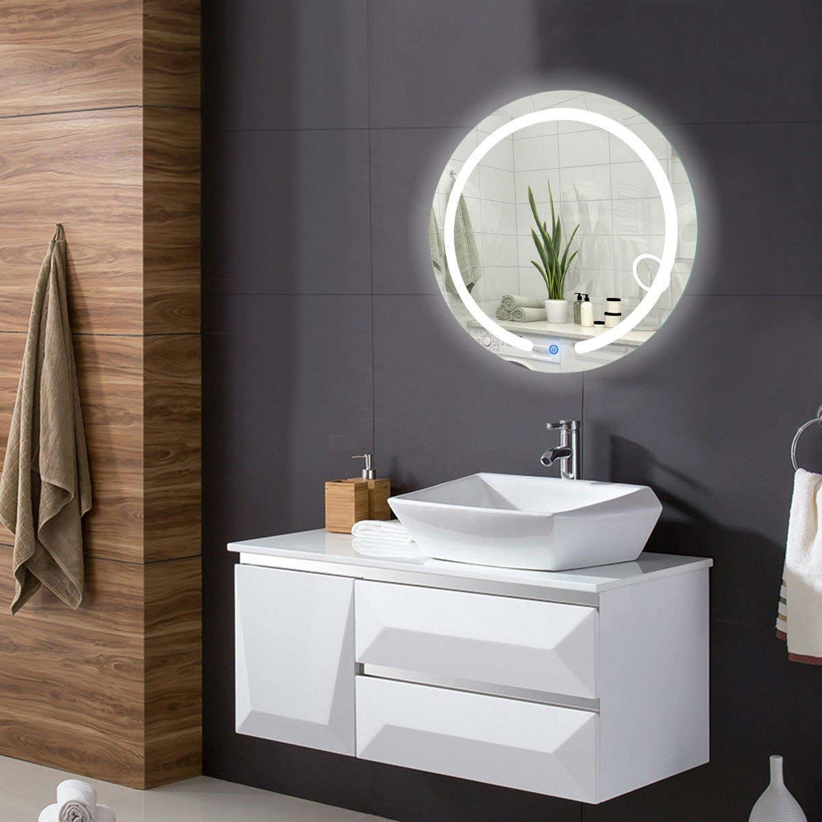 Modern 20-inch Round Bathroom Wall Mirror with Touch Button LED Light - Image 3