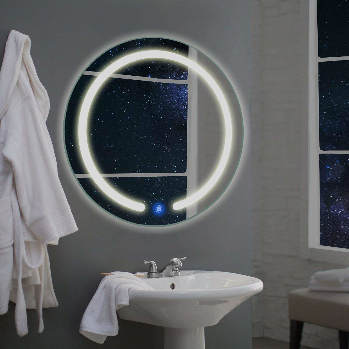 Modern 20-inch Round Bathroom Wall Mirror with Touch Button LED Light - Image 4