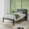 Twin Metal Platform Bed Frame with Gray Button Tufted Upholstered Headboard - Image 2