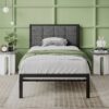 Twin Metal Platform Bed Frame with Gray Button Tufted Upholstered Headboard - Image 3