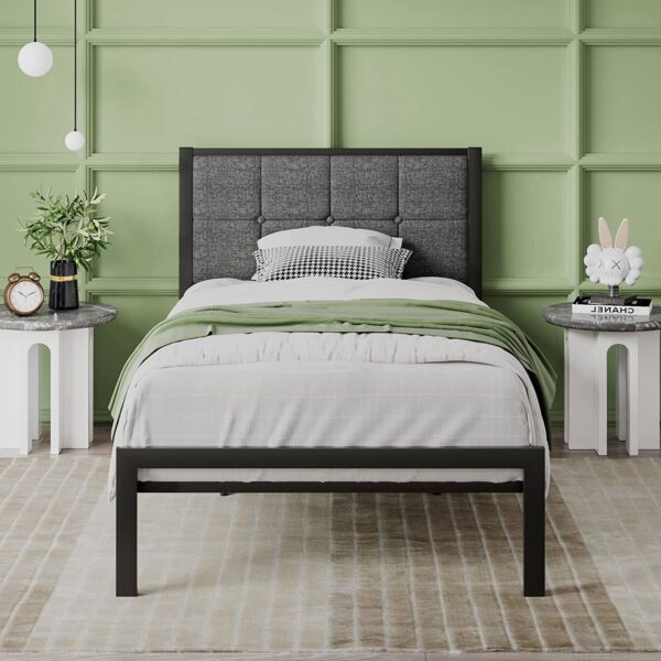 Twin Metal Platform Bed Frame with Gray Button Tufted Upholstered Headboard - Image 3