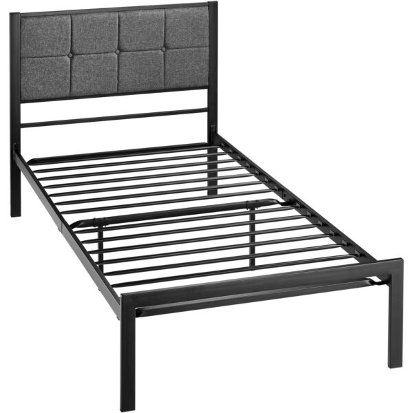 Twin Metal Platform Bed Frame with Gray Button Tufted Upholstered Headboard - Image 4