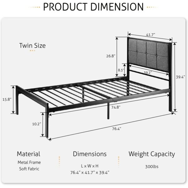 Twin Metal Platform Bed Frame with Gray Button Tufted Upholstered Headboard - Image 5