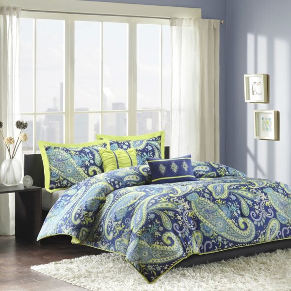 Twin / Twin XL 5-Piece Paisley Comforter Set in Blue and Yellow Colors - Image 2