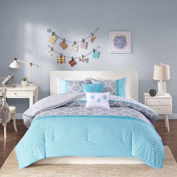 Twin / Twin XL 4-Piece Teal Blue Grey White Geometric Comforter Set - Image 2