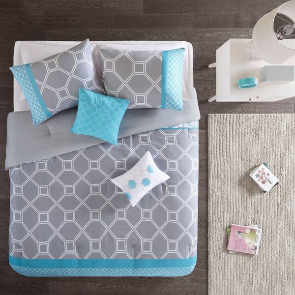 Twin / Twin XL 4-Piece Teal Blue Grey White Geometric Comforter Set - Image 3
