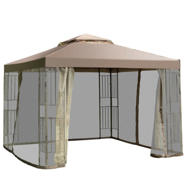 10 x 10 Ft Outdoor Patio Gazebo with Taupe Brown Canopy and Mesh Sidewalls - Image 2