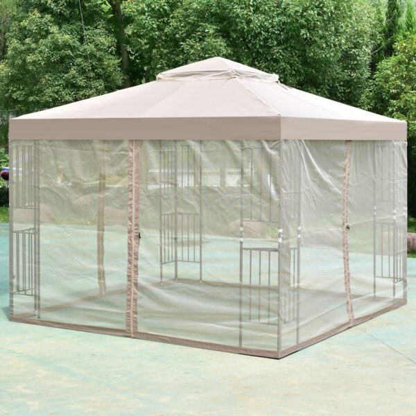 10 x 10 Ft Outdoor Patio Gazebo with Taupe Brown Canopy and Mesh Sidewalls - Image 3
