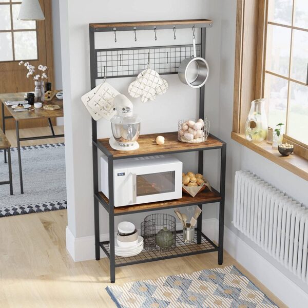 3-Shelf Black Metal Rustic Brown Wood Kitchen Baker's Rack Microwave Stand - Image 2