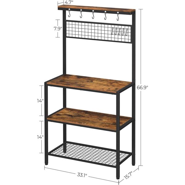 3-Shelf Black Metal Rustic Brown Wood Kitchen Baker's Rack Microwave Stand - Image 5