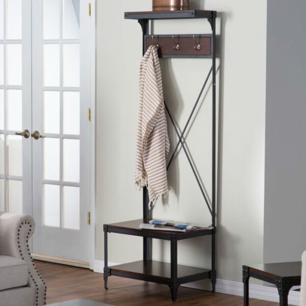 Rustic Dark Brown Espresso Black Metal Frame Entryway Storage Hall Tree - Image 2