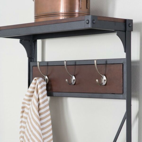 Rustic Dark Brown Espresso Black Metal Frame Entryway Storage Hall Tree - Image 3