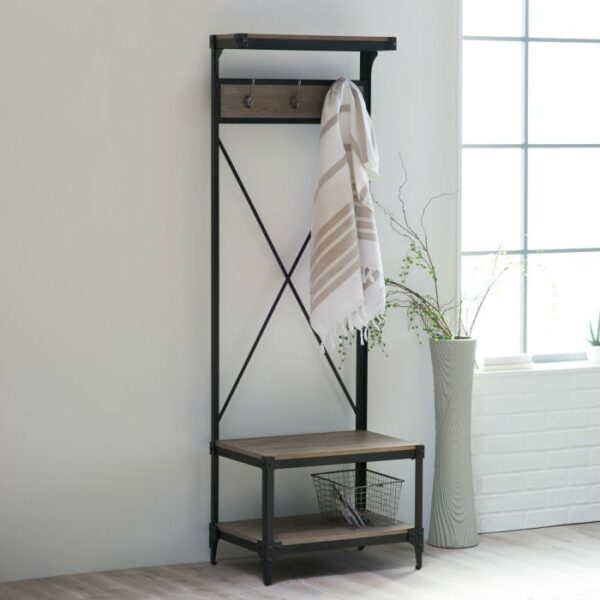 Rustic Gray Black Metal Frame Entryway Storage Hall Tree - Image 2