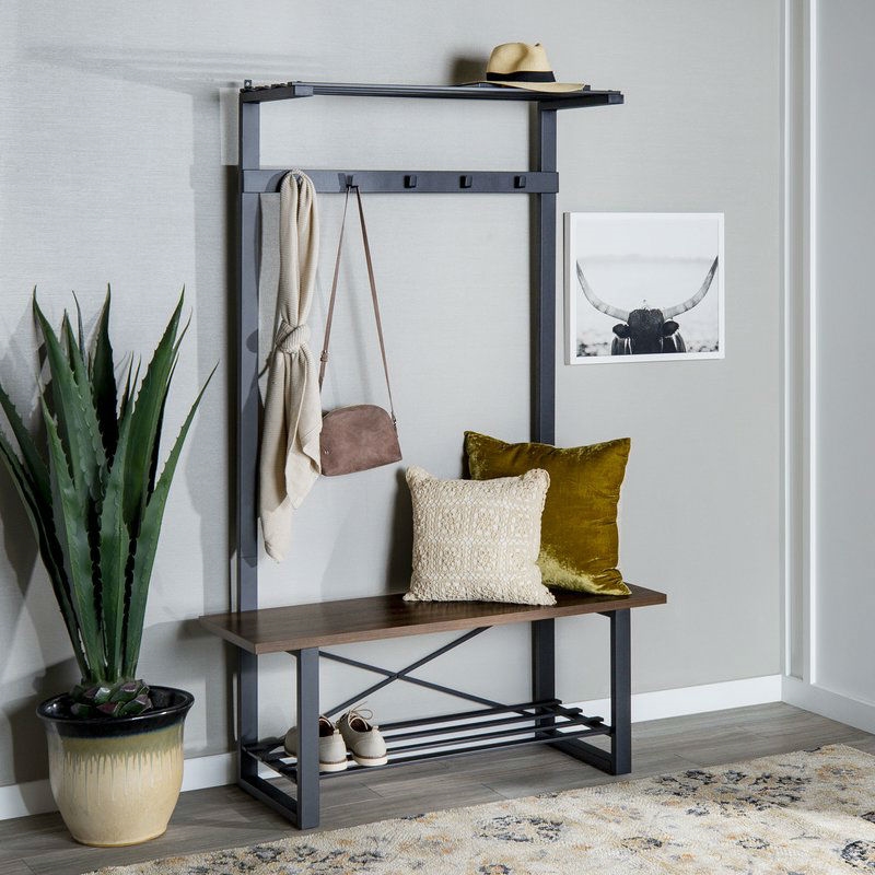 Dark Brown Walnut Rustic Sturdy Metal Entryway Hall Tree Coat Rack - Image 2