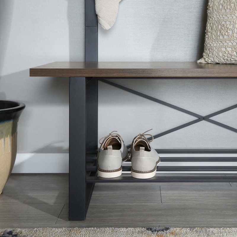 Dark Brown Walnut Rustic Sturdy Metal Entryway Hall Tree Coat Rack - Image 4