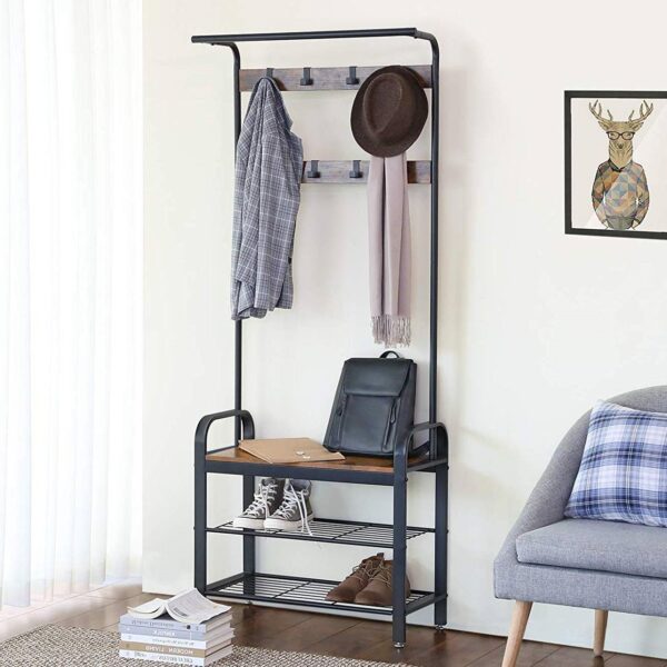 Entryway Modern Industrial Style Hall Tree Coat Rack Shoe Storage Bench - Image 2