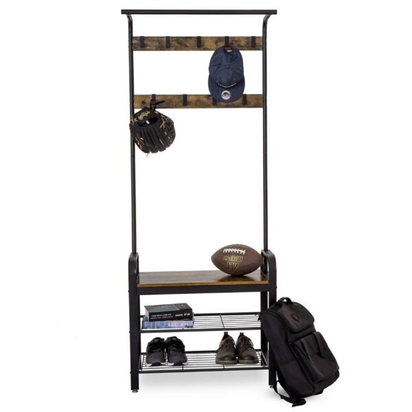 Entryway Modern Industrial Style Hall Tree Coat Rack Shoe Storage Bench - Image 3