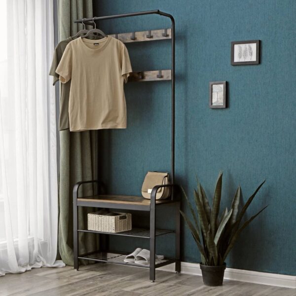 Entryway Modern Industrial Style Hall Tree Coat Rack Shoe Storage Bench - Image 4
