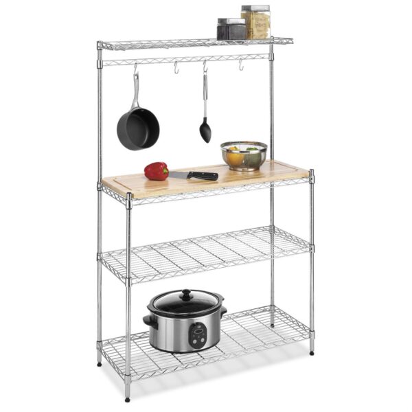 Modern Bakers Rack in Chrome Steel with Removable Wood Cutting Board - Image 2