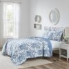 King size 3 Piece Bed-in-a-Bag Reversible Blue White Floral Cotton Quilt Set - Image 2