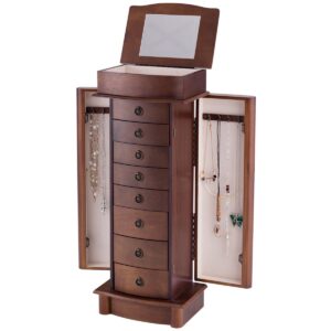 Brown Wood 8-Drawer Jewelry Armoire Chest Storage Cabinet with Mirror