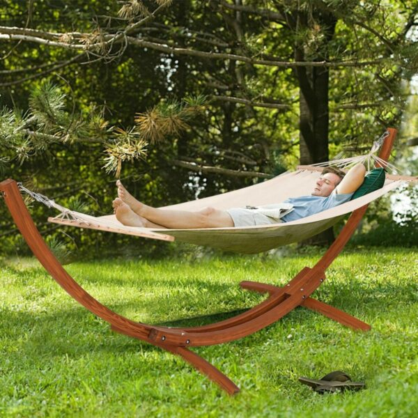 Outdoor 11.8-ft Modern Arc Hammock Stand with Beige Cotton Blend Hammock - Image 3