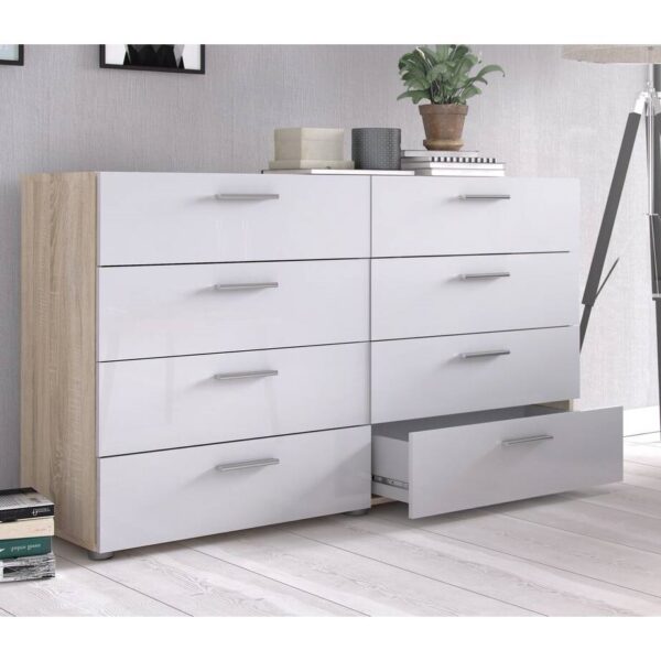 White Modern Bedroom 8-Drawer Double Dresser with Oak Finish Sides and Top - Image 2