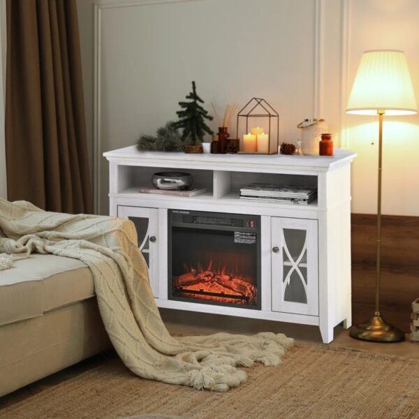 Rustic White Electric Fireplace Mantel TV Stand w/ Adjustable Shelves 2 Storage Cabinets - Image 2