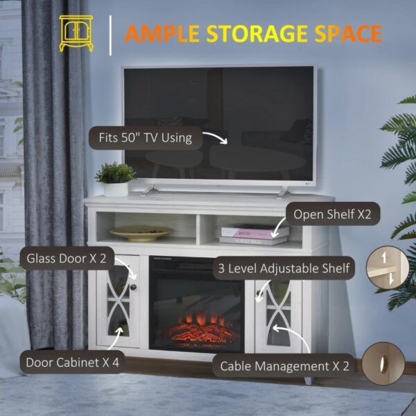 Rustic White Electric Fireplace Mantel TV Stand w/ Adjustable Shelves 2 Storage Cabinets - Image 3