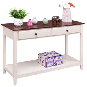 White Wood 2-Drawer Console Sofa Table with Walnut Finish Top