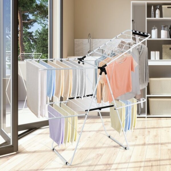 White 2 Level Foldable Clothes Drying Rack Adjustable Height - Image 2