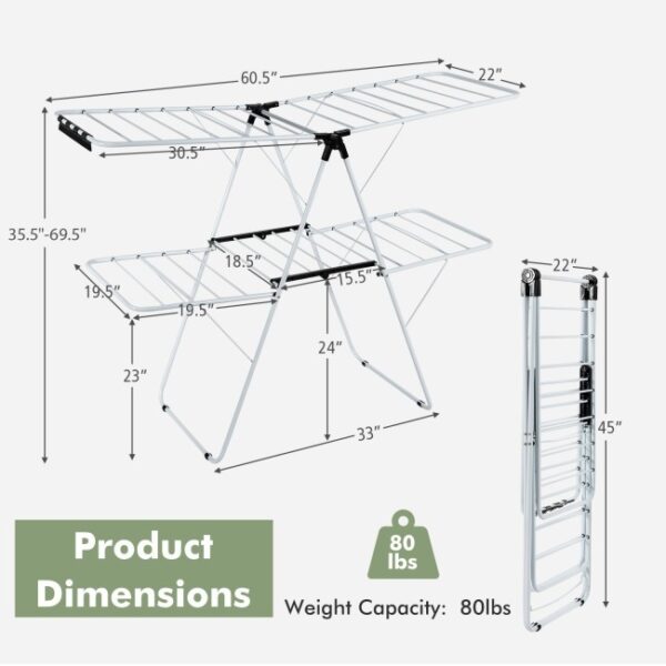 White 2 Level Foldable Clothes Drying Rack Adjustable Height - Image 4