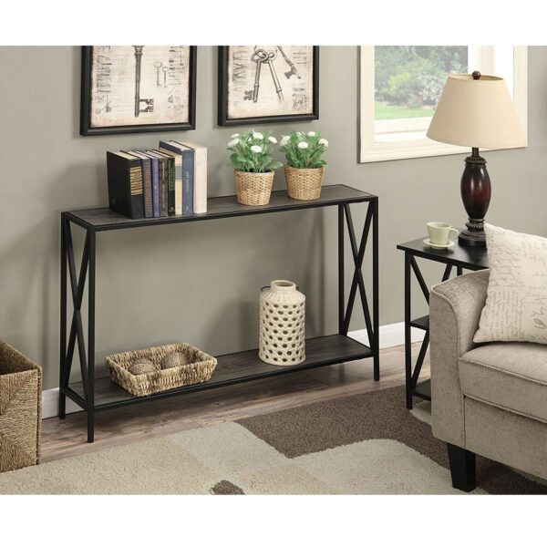 Weathered Grey Wood Console Sofa Table with Bottom Shelf and Metal Frame - Image 3