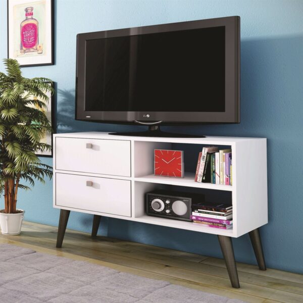 White Grey Wood Modern Classic Mid-Century Style TV Stand Entertainment Center - Image 2